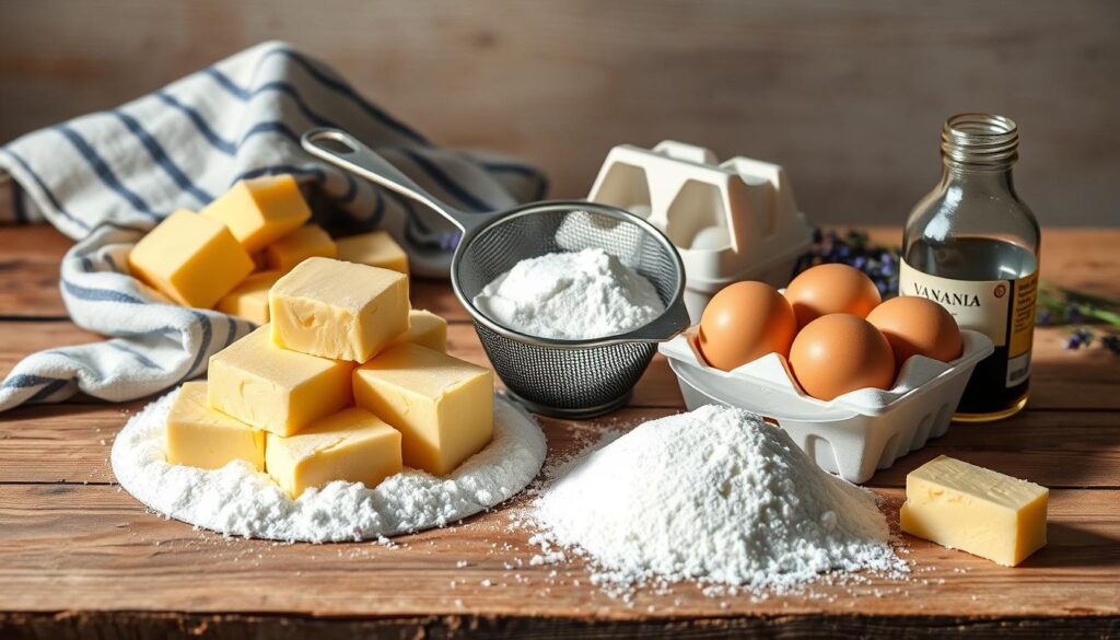 A beautifully lit still life showcasing the essential ingredients for Gateau Breton, the classic buttery French cake. On a rustic wooden table, arrange a pile of golden-hued salted butter, a sifter of powdered sugar, a carton of fresh eggs, and a jar of vanilla extract. In the background, a striped linen towel and a few sprigs of lavender add a touch of French countryside charm. The lighting is soft and natural, creating warm, gentle shadows that accentuate the textures and colors of the ingredients. Capture this scene with a medium-wide angle lens, allowing ample negative space to draw the viewer's eye to the carefully curated assortment of baking essentials.