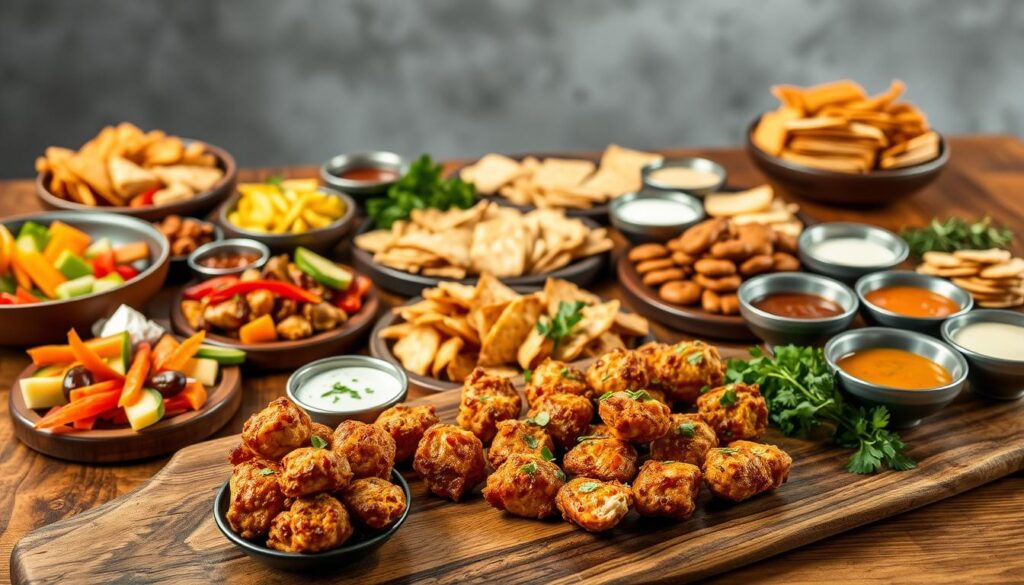 A bountiful spread of appetizers laid out on a rustic wooden table, illuminated by warm overhead lighting. In the foreground, an assortment of bite-sized snacks, including juicy Bang Bang chicken bites, nestled among colorful crudités, artisanal cheeses, and an array of dipping sauces. The middle ground features platters of savory crackers, crisp breads, and sprigs of fresh herbs, creating a visually appealing and texturally diverse display. In the background, a backdrop of neutral tones, such as soft grays or muted greens, allows the vibrant colors and flavors of the appetizers to take center stage. The overall scene conveys a sense of casual elegance, inviting guests to indulge and savor the perfect pairings for the bold and flavorful Bang Bang chicken bites.