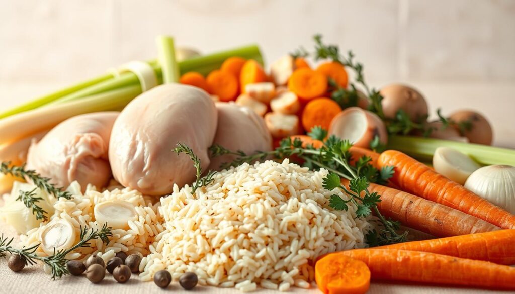 A bountiful still-life arrangement showcasing the essential ingredients for a creamy chicken and rice soup. In the foreground, place whole chicken breasts, tender and juicy, alongside a pile of fragrant, plump grains of long-grain rice. In the middle ground, arrange an array of aromatic vegetables: diced onions, celery stalks, and vibrant carrot coins. Scattered around, sprigs of fresh thyme, sprigs of parsley, and whole peppercorns add depth of flavor. Set against a soft, neutral background, with gentle, warm lighting that casts a cozy, homey atmosphere, inviting the viewer to imagine the comforting aroma and taste of the perfect bowl of chicken and rice soup.