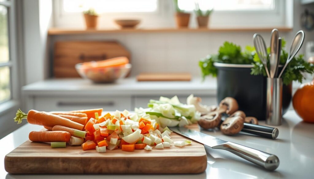 A bright and airy kitchen counter, bathed in soft natural light filtering through large windows. In the foreground, a wooden cutting board holds an array of freshly washed vegetables - crisp carrots, tender celery stalks, fragrant onions, and earthy mushrooms, all neatly chopped and ready for the soup pot. Carefully positioned nearby, a sharp chef's knife and a set of gleaming stainless steel utensils stand at the ready, anticipating the next steps in the soup-making process. The overall scene conveys a sense of organized preparation, efficiency, and the promise of a nourishing, homemade meal to come.