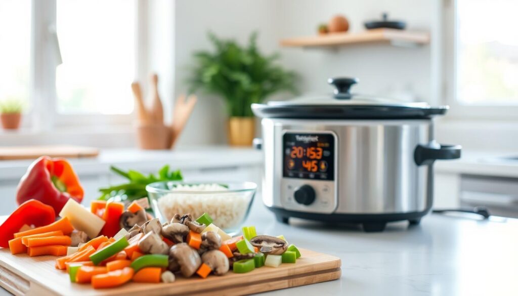 A bright and airy kitchen counter showcases a simple meal prep setup. In the foreground, a cutting board displays freshly chopped vegetables - vibrant bell peppers, crisp carrots, and earthy mushrooms. Beside it, a glass container holds pre-cooked rice, ready to be paired with a protein. In the middle ground, a slow cooker simmers with a rich, glossy teriyaki sauce, filling the air with a mouthwatering aroma. The background is softly lit, with natural light streaming in through large windows, creating a serene, organized atmosphere perfect for stress-free weeknight cooking.