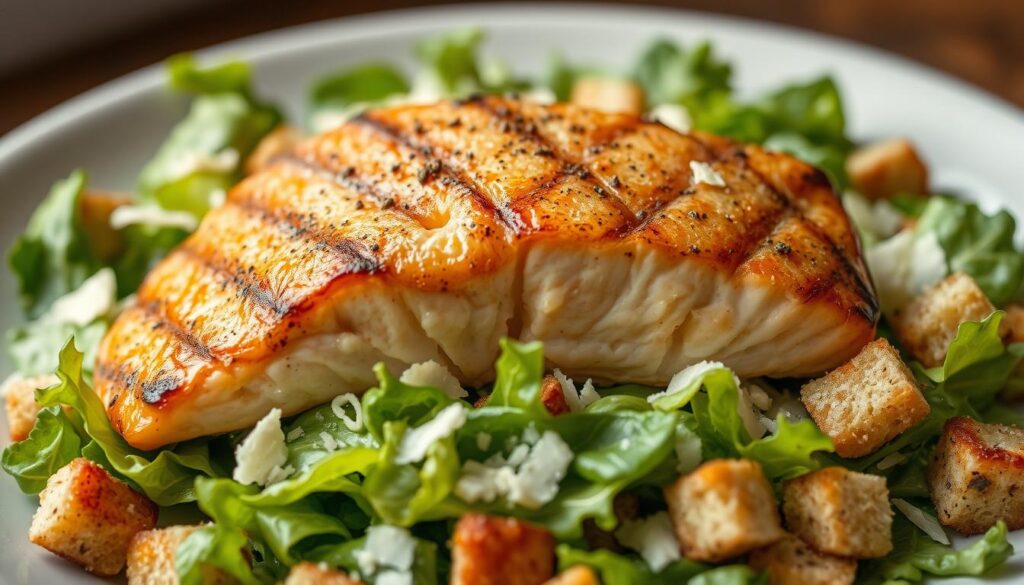 A close-up shot of a fresh grilled salmon fillet, perfectly charred on the outside and flaky on the inside, resting atop a bed of crisp romaine lettuce, tossed with a creamy Caesar dressing. Shredded Parmesan cheese, crunchy croutons, and a sprinkle of freshly ground black pepper add texture and flavor to the salad. The image is captured in a soft, warm lighting, creating a mouthwatering and inviting atmosphere, ready to be enjoyed as part of a delightful and satisfying meal.