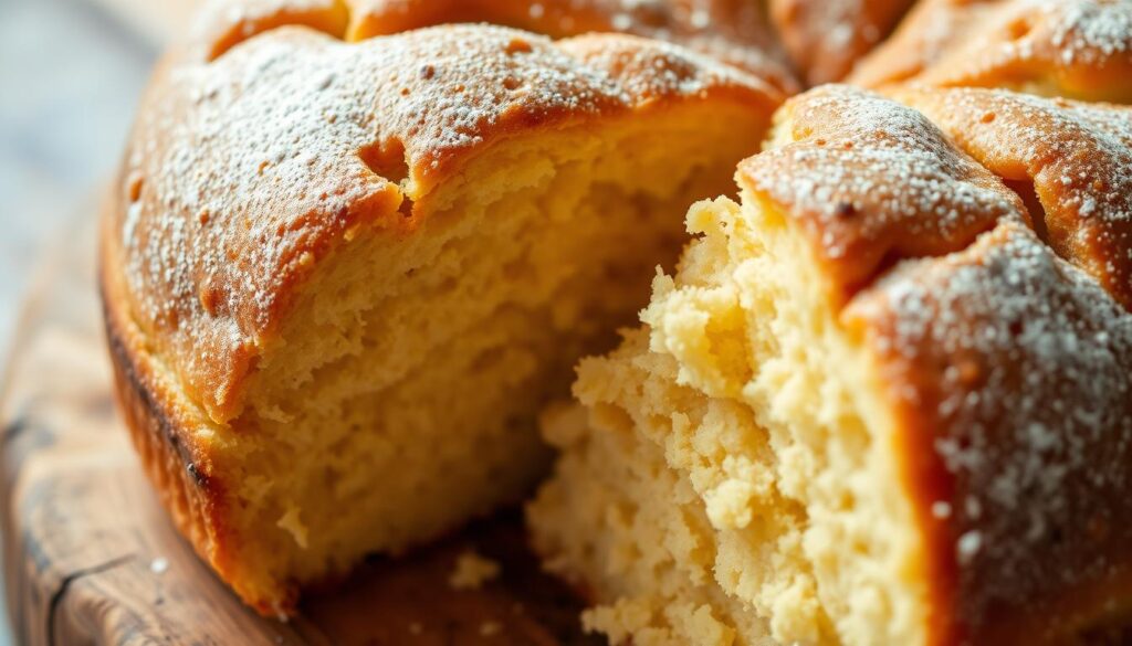 A close-up shot of a freshly baked traditional gateau breton, a classic French butter cake. The golden-brown crust glistens under soft, natural lighting, revealing a dense, moist crumb with a delicate, buttery aroma. The cake is displayed on a rustic wooden surface, with a dusting of powdered sugar adding a touch of elegance. The composition highlights the cake's simplicity and artisanal quality, perfectly capturing the essence of this beloved regional delicacy.