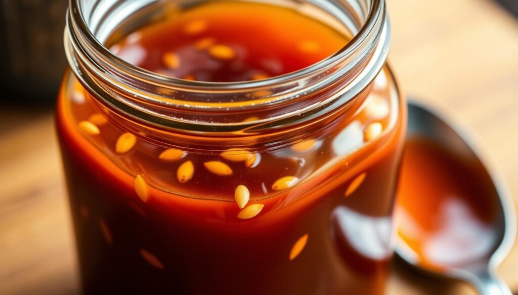 A close-up shot of a glass mason jar filled with a rich, glossy homemade teriyaki sauce. The sauce has a deep, reddish-brown hue and a slightly viscous texture, glistening under warm, natural lighting. Fresh ginger, garlic, and toasted sesame seeds are visibly suspended in the sauce, adding depth and complexity. The jar is placed on a clean, wooden surface, with a spoon resting alongside, suggesting the sauce is ready to be drizzled over a dish. The overall mood is one of rustic, homemade culinary delight, inviting the viewer to imagine the savory, umami-packed flavors of this homemade teriyaki sauce.