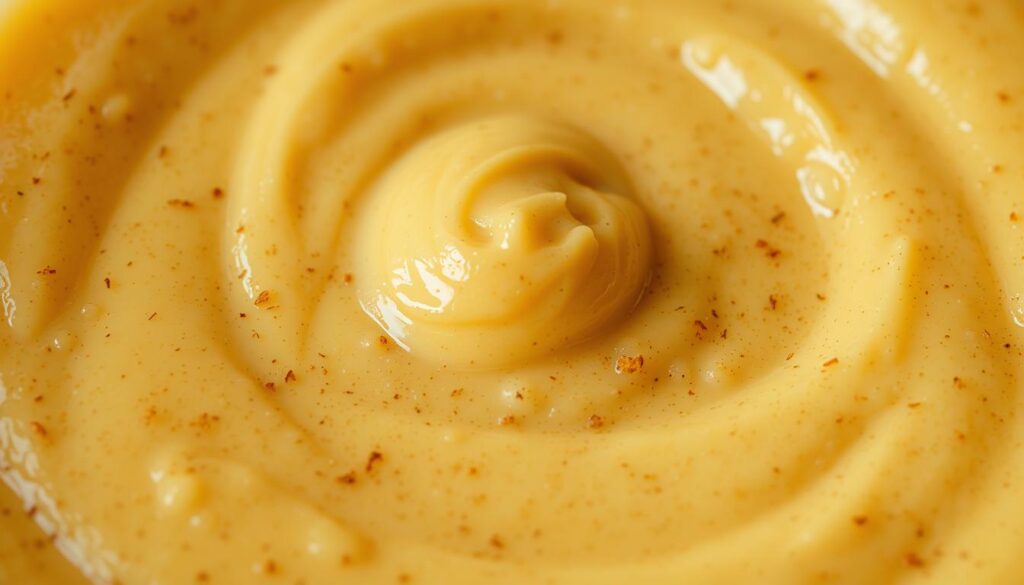 A close-up shot of a rich, golden-brown batter mixture for crispy onion bites. The batter is thick and creamy, with visible flecks of spices and herbs mixed throughout. The texture appears light and airy, with tiny air bubbles dotting the surface. Positioned in the center of the frame, the batter is illuminated by soft, diffused lighting, casting gentle shadows and highlights that accentuate its smooth, velvety consistency. The background is slightly blurred, allowing the batter to be the focal point, drawing the viewer's attention to its tempting appearance and inviting them to imagine the satisfying crunch and flavor of the onion bites.