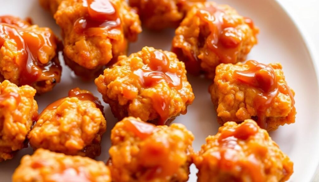 A close-up shot of crispy, golden-brown air-fried chicken bites, glistening with a delectable bang bang sauce. The bites are arranged neatly on a white ceramic plate, their irregular shapes and textures suggesting a homemade, artisanal quality. The lighting is soft and natural, highlighting the sheen of the sauce and the subtle variations in the chicken's surface. The background is subtly blurred, drawing the viewer's focus to the tempting, bite-sized morsels. The overall composition and styling convey a sense of healthy, flavorful indulgence, perfectly suited to illustrate the "Healthier Alternatives: Air Fryer Bang Bang Chicken Bites" section of the article.