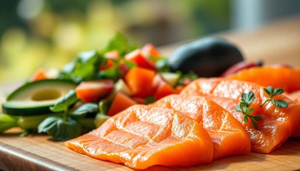 A close-up shot of vibrant, fresh smoked salmon fillets arranged on a wooden table, showcasing their delicate texture and deep orange hue. In the middle ground, an array of nutrient-rich ingredients like avocado slices, cucumber spears, and diced tomatoes, creating a visually appealing and balanced salad composition. The background features a soft, blurred natural setting, perhaps with a hint of greenery, conveying a sense of health and wellness. Warm, natural lighting illuminates the scene, highlighting the salmon's sheen and the vibrant colors of the salad components. The overall mood is clean, crisp, and appetizing, inviting the viewer to appreciate the nutritional benefits of this delectable smoked salmon salad.
