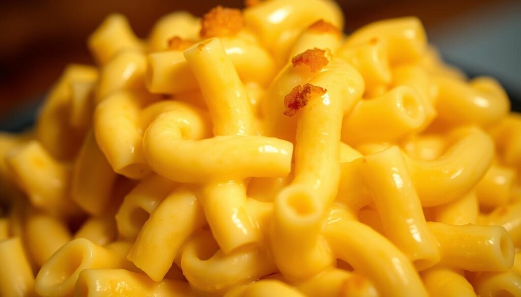 A closeup of a heaping portion of creamy, velvety macaroni and cheese, the noodles coated in a rich, smooth cheese sauce with a slight golden-brown crust on top. The lighting is soft and warm, casting a gentle glow over the dish. The composition is centered, with the macaroni filling the frame and slightly blurred edges to draw the eye inward. The texture of the cheese sauce is luscious and inviting, begging to be scooped up with a spoon. The overall mood is comforting, homey, and indulgent, capturing the essence of the ultimate comfort food.