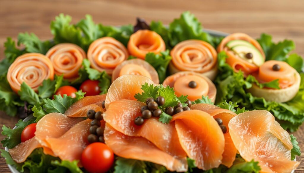 A delectable arrangement of smoked salmon variations set against a crisp, leafy salad backdrop. In the foreground, an assortment of thinly sliced smoked salmon atop a bed of mixed greens, garnished with juicy cherry tomatoes, creamy avocado slices, and a scattering of capers. The middle ground features a selection of salmon preparation styles, including pinwheels, roulades, and delicate tartlets, each showcasing the rich, smoky flavor. In the background, a subtle play of light and shadow creates depth, with soft, warm tones accentuating the vibrant colors of the salad components. The overall composition exudes a sense of sophistication and culinary expertise, inviting the viewer to savor the diverse flavors and textures of this alluring smoked salmon salad.