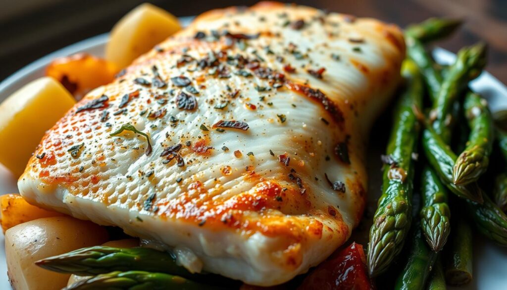 A delectable baked mahi mahi fillet, glistening with a golden-brown crust, resting atop a bed of steamed vegetables. The fish, fresh and flaky, is seasoned with a harmonious blend of fragrant herbs and spices, infusing each bite with robust, savory flavors. Soft, roasted potatoes and vibrant, sautéed asparagus spears surround the centerpiece, creating a visually striking and appetizing scene. The lighting is natural, softly illuminating the dish from the side, casting gentle shadows that accentuate the textures and depth. The camera angle is positioned slightly above, offering a tantalizing perspective that invites the viewer to savor every morsel of this mouthwatering baked mahi mahi recipe.