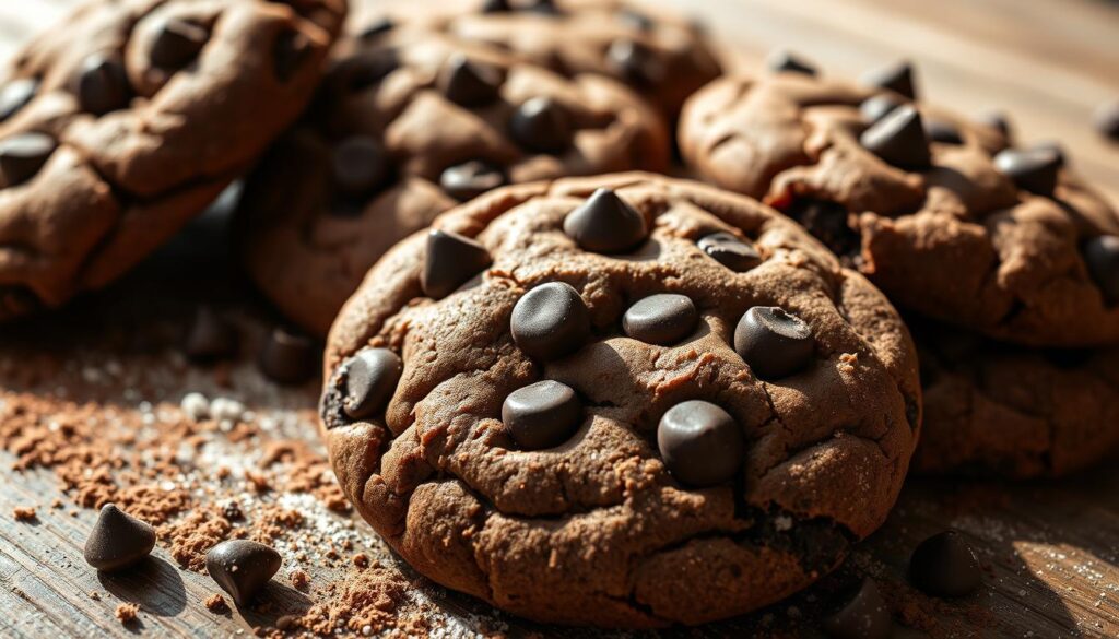 A delectable close-up of freshly baked double chocolate chip cookies, their dark chocolate chips glistening against a soft, pillowy texture. Captured in warm, natural lighting that casts gentle shadows, highlighting the decadent, melt-in-your-mouth appearance. The cookies are arranged on a rustic wooden surface, surrounded by a scattering of cocoa powder and a light dusting of confectioner's sugar, creating a visually enticing and inviting scene. The overall mood is cozy, indulgent, and sure to pique the senses, reflecting the irresistible appeal of these chocolatey treats.