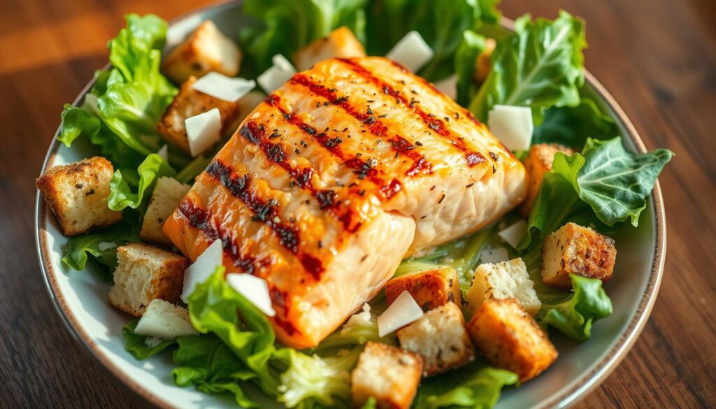 A delectable grilled salmon Caesar salad is the star of this scene. The salmon filet, seared to perfection, rests atop a bed of crisp romaine lettuce, tossed with a creamy Caesar dressing. Crunchy croutons and shaved Parmesan cheese add texture and depth. The arrangement is artfully composed, with the salmon placed at an angle, allowing the vibrant colors and textures to shine. Soft, natural lighting casts a warm glow, accentuating the dish's appetizing appeal. The overall mood is one of sophisticated simplicity, inviting the viewer to savor the harmonious blend of flavors and indulge in this delightful variation of the classic Caesar salad.