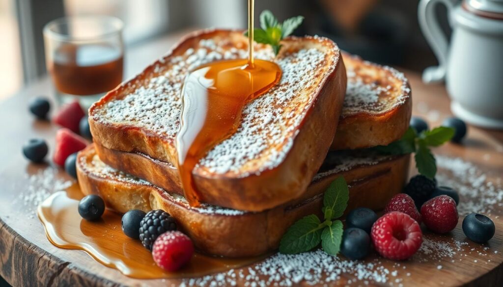 A delectable stack of freshly baked French toast, glistening with a golden-brown crust, adorned with a dusting of powdered sugar and a drizzle of warm maple syrup. The bread, sliced thick and cut on the diagonal, is arranged on a rustic wooden table, complemented by a scattering of ripe berries and a sprig of fresh mint. The scene is bathed in soft, natural lighting, creating a cozy and inviting atmosphere. The camera angle is slightly elevated, capturing the dish from an enticing perspective that showcases the dish's texture, color, and mouthwatering appeal.