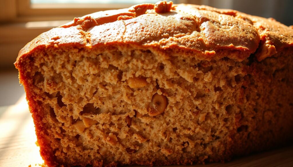 A freshly baked, golden-brown loaf of moist, fluffy banana bread, its crumb glistening with tiny pockets of moisture. The top is lightly cracked, revealing a dense, finely-textured interior dotted with mashed banana pieces and walnuts. Soft natural lighting from a window illuminates the loaf, casting warm shadows that accentuate its rich, caramelized crust. The image is framed from an elevated angle, capturing the inviting texture and enticing aroma of this perfect specimen of banana bread, ready to be sliced and served.
