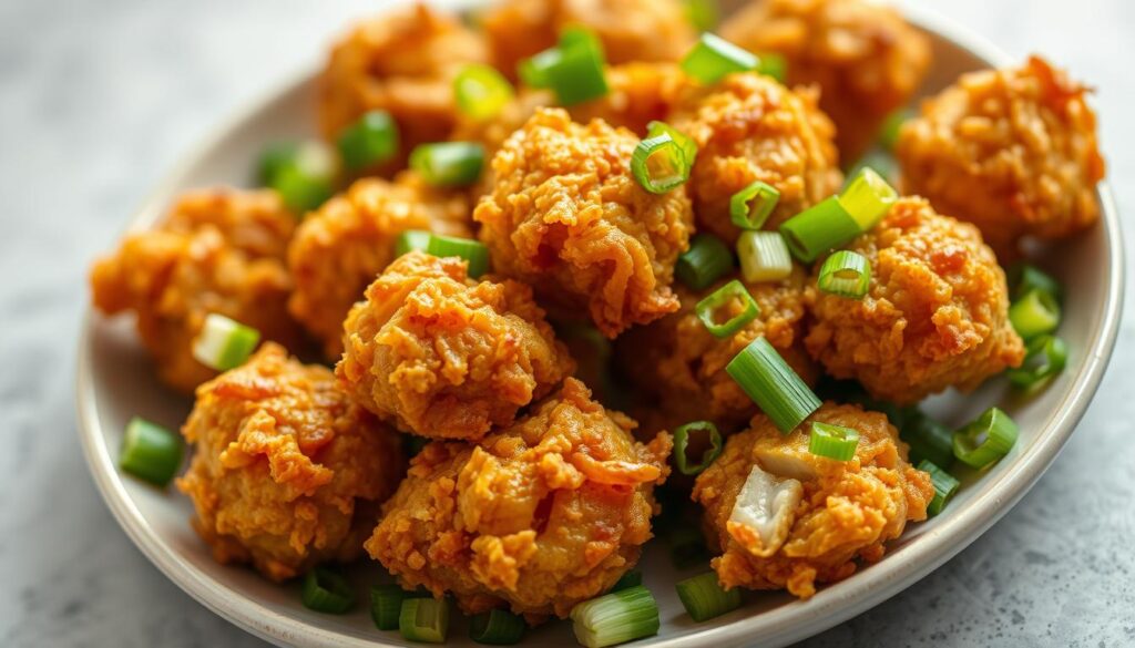 A golden-brown plate of crispy, bite-sized chicken, perfectly cooked to a delectable crunch. The succulent meat is encased in a thin, shatteringly crisp coating, glistening under the warm, soft lighting. Surrounding the chicken bites are a scattering of fresh, vibrant green scallions, adding a pop of color and a hint of savory flavor. The arrangement is set against a neutral, slightly blurred background, drawing the viewer's full attention to the star of the dish - the irresistible, irresistibly crispy chicken bites.