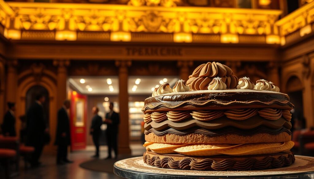 A grand opera house in the style of 19th century French architecture, its ornate facade illuminated by warm, golden lighting. In the foreground, a meticulously crafted Opera Gateau, its delicate layers of chocolate, coffee, and almond sponge cake glistening under the spotlight. The cake is adorned with elegant piping, sugar decorations, and a dusting of cocoa powder, capturing the opulent essence of the historic dessert. In the background, shadowy figures of well-dressed patrons can be seen entering the theater, setting the scene for the rich history and tradition of this iconic Parisian pastry.