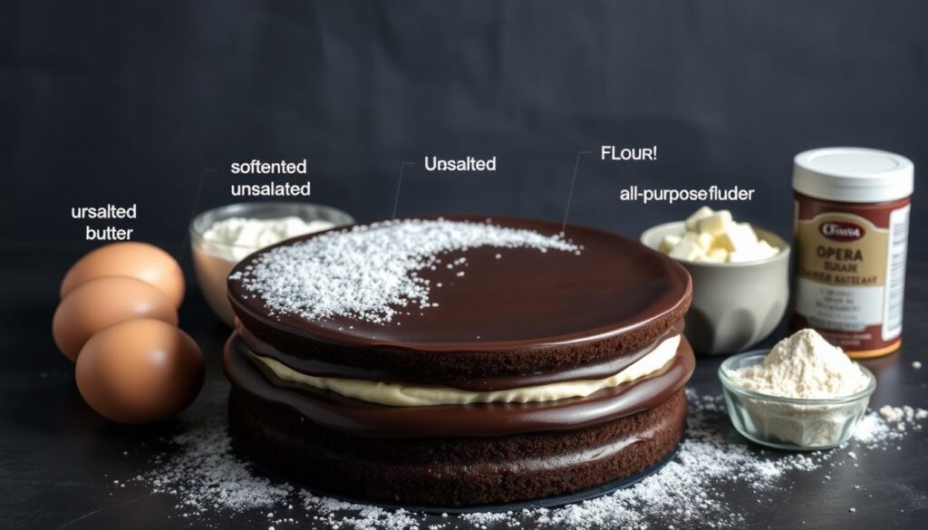 A high-quality, professionally-lit studio photograph showcasing the essential ingredients for an authentic Opera Gateau. In the foreground, a smooth, glossy dark chocolate cake with delicate layers of airy buttercream and rich ganache, dusted with powdered sugar. Surrounding the cake, arranged artfully, are the key components: freshly cracked eggs, softened unsalted butter, fine granulated sugar, all-purpose flour, and high-quality cocoa powder. In the background, a backdrop of elegant, velvety charcoal gray, highlighting the luxurious nature of this classic French pastry. Lit from above with soft, even lighting to accentuate the textures and colors of the ingredients.