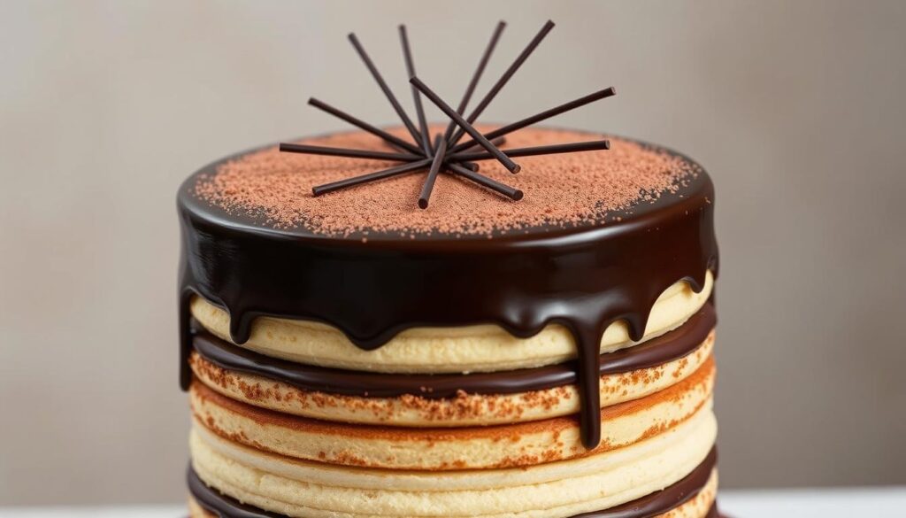 A layered opera gateau with intricate details and a elegant, refined presentation. The cake stands tall, with alternating layers of light sponge cake and rich, creamy chocolate ganache. The top is adorned with a shiny dark chocolate glaze, perfectly smooth and glistening under a soft, directional lighting. Delicate cocoa powder dusting creates a subtle contrast, while thin chocolate strips arranged in a geometric pattern add visual interest. The cake is photographed from a low angle, emphasizing its height and grandeur, set against a backdrop of muted, neutral tones that allow the dessert to take center stage.