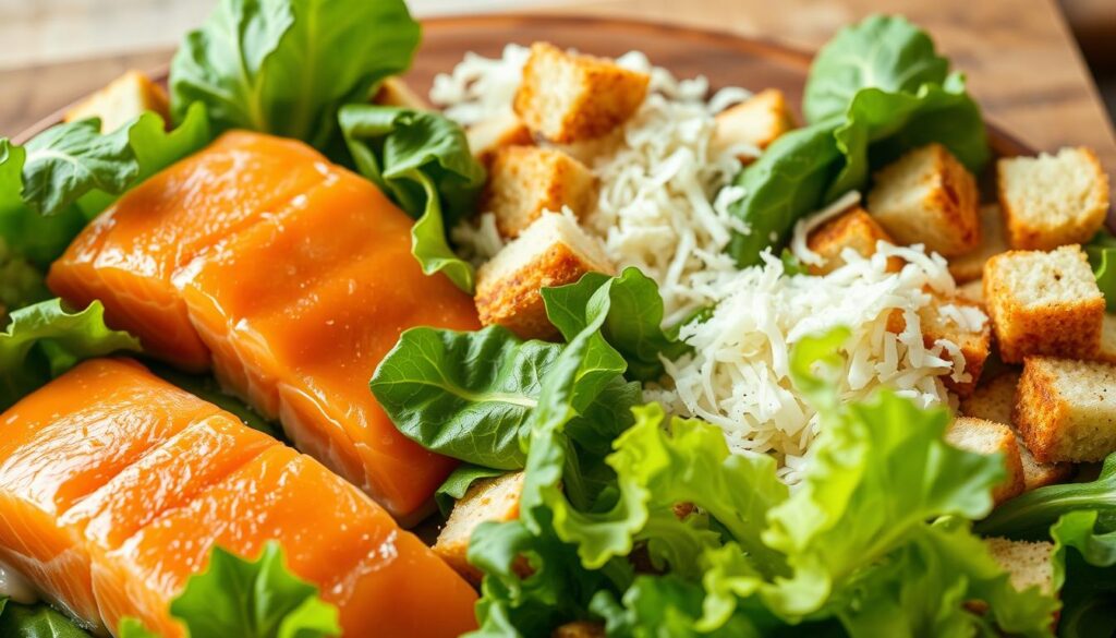 A meticulously arranged spread of fresh, vibrant ingredients for a delectable salmon caesar salad. In the foreground, glistening salmon fillets, their moist, flaky texture enticing the viewer. Surrounding them, crisp romaine lettuce leaves, their deep green hues and wavy edges capturing the essence of a classic caesar salad. Scattered throughout, tender croutons, their golden-brown surfaces reflecting soft, warm lighting. In the middle ground, shredded parmesan cheese, its sharp, salty aroma wafting through the scene. In the background, a subtle yet elegant setting, with a wooden cutting board providing a rustic, natural backdrop. The overall composition exudes a sense of culinary sophistication and invites the viewer to indulge in the perfect salmon caesar salad.