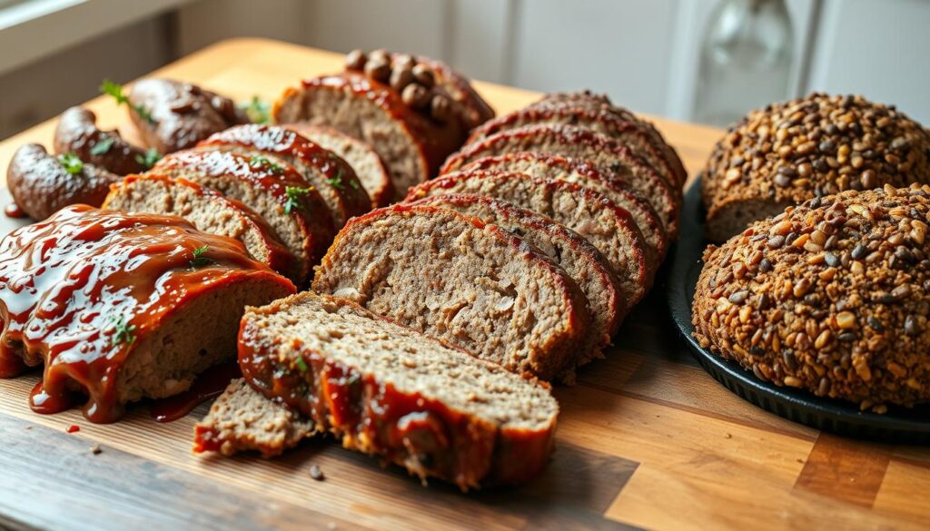 A mouthwatering spread of diverse meatloaf variations, artfully arranged on a rustic wooden table. In the foreground, slices of traditional beef meatloaf, oozing with a tangy glaze. Beside it, a hearty turkey meatloaf infused with aromatic herbs and spices. In the middle ground, a bold and flavorful lamb meatloaf, encrusted with a savory breadcrumb crust. Further back, a vegetarian mushroom-lentil meatloaf, its earthy tones contrasting with the other dishes. Soft, natural lighting casts a warm glow, highlighting the textures and colors of the various meatloaf creations. The scene evokes a sense of culinary exploration and invites the viewer to imagine the delicious possibilities beyond the traditional meatloaf.