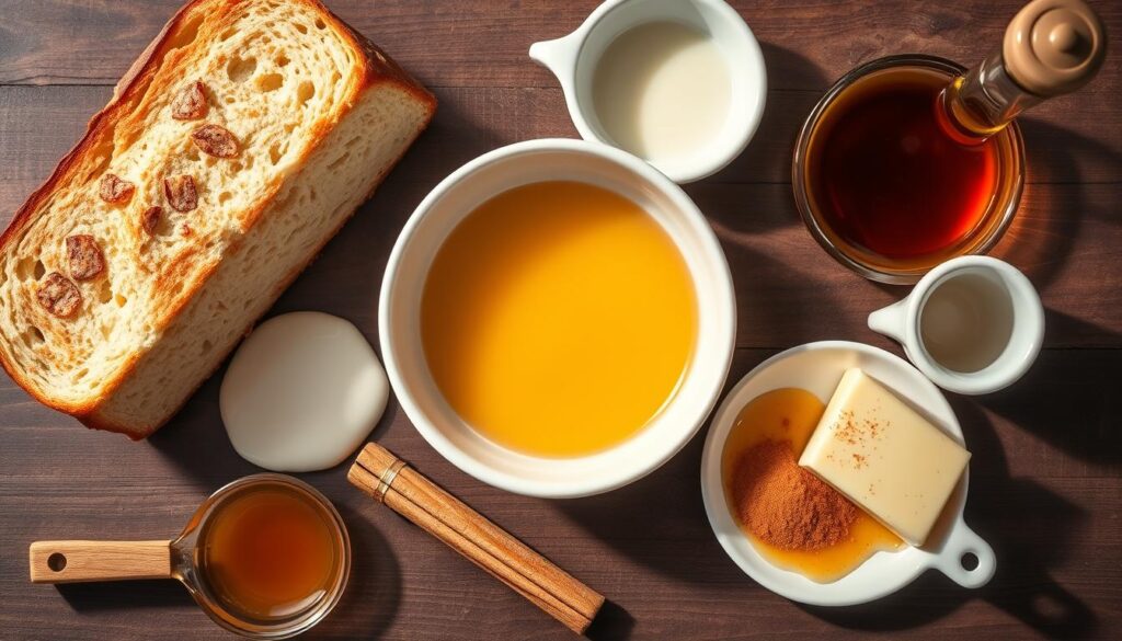 A neatly arranged collection of essential ingredients for making delicious French toast: fluffy loaf of bread, cracked eggs in a white ceramic bowl, a splash of heavy cream, a pat of golden butter, a sprinkle of ground cinnamon, and a drizzle of pure maple syrup. The ingredients are illuminated by warm, soft lighting, casting subtle shadows and highlights that accentuate their textures and colors. The composition is balanced, with the ingredients positioned to create a visually appealing and appetizing scene, inviting the viewer to imagine the satisfying flavors and aromas of the perfect French toast.