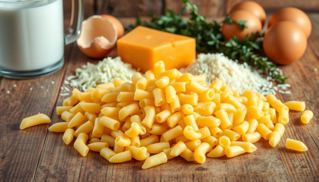 A neatly arranged composition of essential ingredients for an authentic macaroni pie. In the foreground, a pile of uncooked elbow macaroni noodles spilling across a rustic wooden table, their pale yellow hues complemented by the warm lighting. In the middle ground, a wedge of sharp cheddar cheese, its orange rind glistening, and a small heap of freshly grated parmesan. In the background, a few eggs in their shells, a glass measuring cup filled with milk, and a bundle of fresh thyme. The scene is bathed in a soft, diffused light, creating a cozy, homey atmosphere befitting the comforting dish.