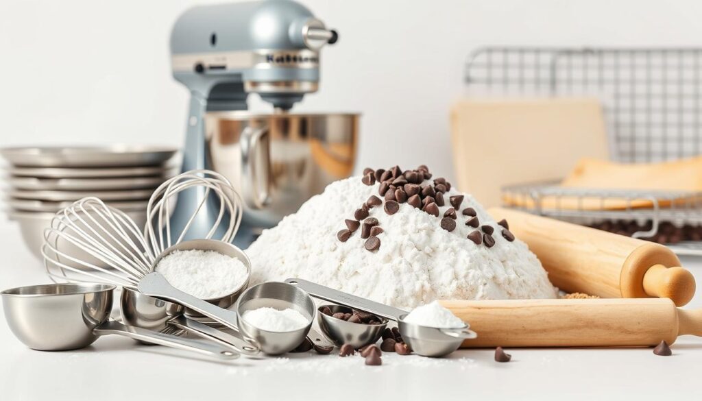 A neatly arranged tableau of essential baking tools and ingredients, set against a clean, bright background. In the foreground, a collection of measuring cups and spoons, a whisk, and a rolling pin, all in polished stainless steel. Behind them, a pile of all-purpose flour, granulated sugar, and dark chocolate chips, their textures and colors contrasting beautifully. In the middle ground, a stand mixer with its signature KitchenAid silhouette, its chrome finish gleaming. In the background, a few baking sheets and a wire cooling rack, hinting at the delicious treats to come. The lighting is soft and even, casting subtle shadows that add depth and dimension to the scene. The overall mood is one of organization, precision, and the joy of baking.