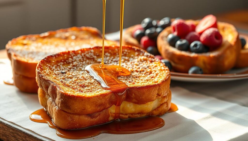 A rustic wooden table, adorned with a crisp white tablecloth, showcases a trio of delectable French toast variations. In the foreground, a golden-brown slice drizzled with maple syrup and dusted with powdered sugar takes center stage, casting a warm, inviting glow. Flanking it, a decadent cinnamon-sugar French toast, its crunchy exterior contrasting with the soft, pillowy interior. In the background, a vibrant berry-topped French toast, the juicy berries nestled amidst a light dusting of confectioners' sugar, creating a visually striking and mouthwatering display. The scene is bathed in soft, natural lighting, evoking a cozy, homey atmosphere that captures the rich history and origins of this beloved breakfast staple.