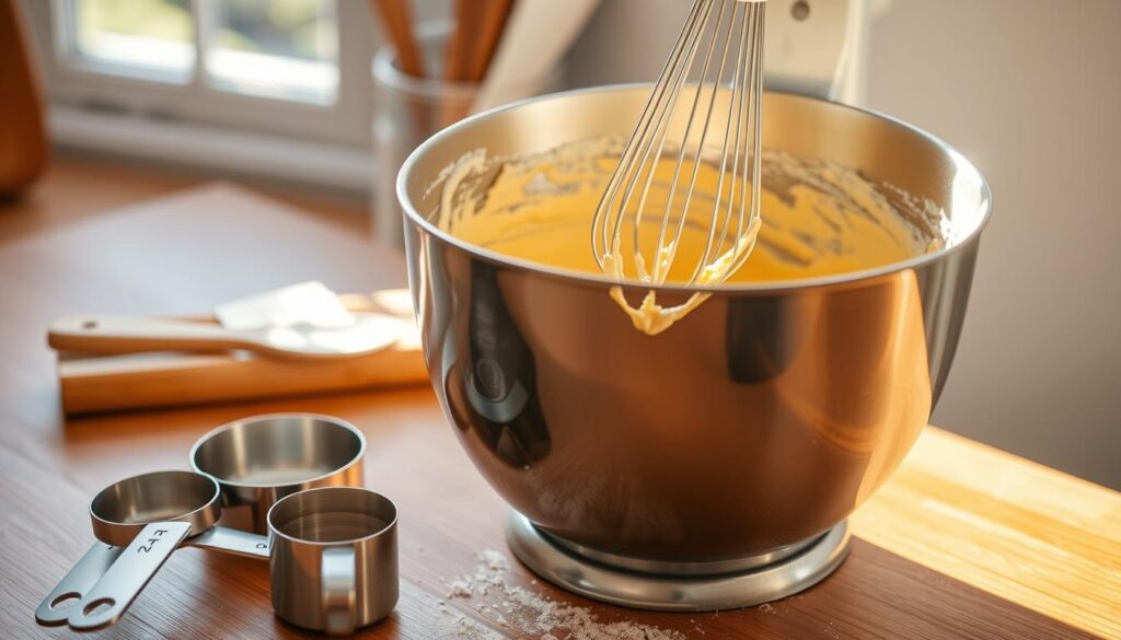 A stainless steel mixing bowl sits on a wooden kitchen counter, filled with a creamy, golden-hued cake batter. Whisk marks and scattered flour grains suggest a recently completed mixing process. Bright, natural light from a nearby window casts a warm glow, highlighting the batter's smooth, velvety texture. In the foreground, a pair of measuring cups and a wooden spoon provide a sense of scale and the hands-on nature of the preparation. The overall scene conveys a sense of homemade, artisanal baking, ready for the next steps of the cake-making journey.
