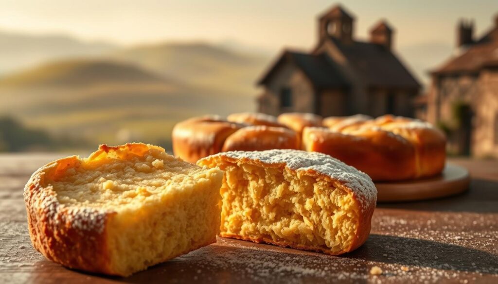 A traditional French pastry, a gateau breton is captured in a warm, soft-focus composition. In the foreground, a slice of the golden cake reveals its rich, buttery crumb, dusted with powdered sugar. The middle ground showcases the full gateau, its flaky crust glistening under soft lighting. In the background, hazy silhouettes of rolling hills and charming stone cottages evoke the pastoral Brittany region where this delicacy originated. The overall scene conveys the timeless elegance and historical significance of this beloved French dessert.
