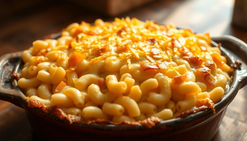 A traditional macaroni pie, its golden-brown crust glistening, sits in a rustic baking dish. Layers of tender elbow macaroni and creamy béchamel sauce are interspersed with shredded cheddar cheese, creating a rich, comforting casserole. The dish is illuminated by warm, natural lighting, casting a cozy glow. The camera angle is positioned slightly above, showcasing the layered texture and inviting appearance of this classic comfort food. The background is blurred, keeping the focus on the delectable macaroni pie, ready to be enjoyed.