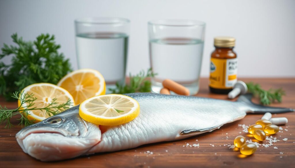 A vibrant close-up photograph of assorted nutrient-rich ingredients related to mahi mahi fish, against a clean, minimalist background. In the foreground, a fresh mahi mahi fillet rests on a wooden surface, surrounded by slices of lemon, sprigs of dill, and a sprinkle of sea salt. In the middle ground, a glass of water and a few vitamin supplements, such as fish oil capsules, create a sense of balance and wellness. The lighting is soft and natural, accentuating the colors and textures of the elements. The overall mood is one of health, nutrition, and the benefits of incorporating mahi mahi into a balanced diet.