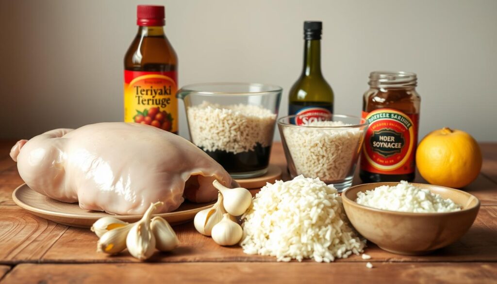 A well-lit, close-up shot of a rustic wooden table, showcasing the essential ingredients for a Crock-Pot Teriyaki Chicken and Rice dish. In the foreground, a whole chicken, fresh ginger, garlic cloves, and a bottle of teriyaki sauce are neatly arranged. In the middle ground, a measuring cup filled with long-grain rice and a jar of soy sauce stand out. The background features a neutral-colored wall, allowing the ingredients to take center stage. The lighting is soft and natural, creating a warm, inviting atmosphere. The overall composition is balanced and visually appealing, drawing the viewer's attention to the key components of this simple yet delicious meal.