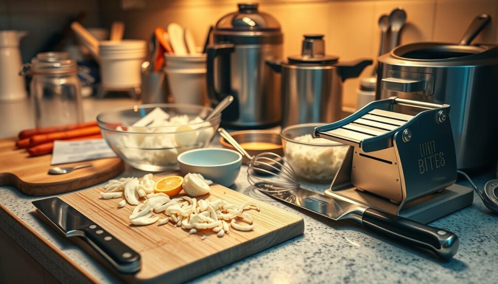 A well-lit kitchen counter filled with an assortment of tools and equipment for preparing onion bites. In the foreground, a sharp chef's knife, a sturdy cutting board, and a stainless steel mandoline slicer. In the middle ground, a large mixing bowl, a wire whisk, and a dipping container. In the background, a heavy-duty food processor, a small deep-fryer, and a set of measuring cups and spoons. The lighting is warm and inviting, creating a cozy atmosphere for the task at hand. The overall scene conveys a sense of preparedness and anticipation for the delicious onion bites to come.