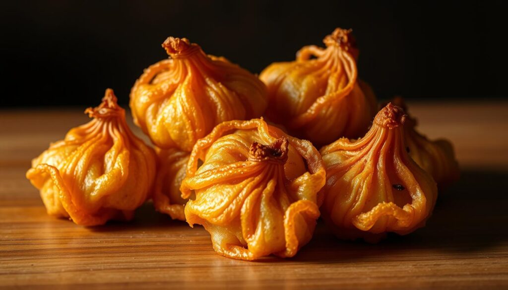 Appetizing and golden-fried awesome blossom onion bites, crispy on the outside, tender within, resting on a wooden table. Close-up, high-angle view, warm studio lighting from the side accentuating the texture and delicate petals. Subtle shadows and highlights create a classic still-life aesthetic. The onion bites are the focal point, with a clean, minimalist background allowing the food to shine. Evoke a sense of indulgence, comfort, and the rich history behind this iconic pub fare.