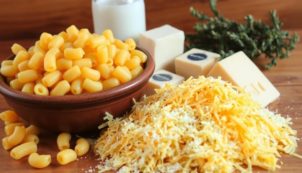 Crisp, golden-brown elbow macaroni arranged in a rustic, earthenware bowl, surrounded by a selection of essential ingredients for homemade mac 'n' cheese. In the foreground, a pile of shredded cheddar cheese, its rich, creamy texture contrasting with the grainy, grated parmesan. In the middle ground, a wedge of creamy, tangy gouda, a pat of butter, and a sprinkle of freshly ground black pepper. In the background, a glass bottle of whole milk and a cluster of fresh thyme sprigs, hinting at the aromatic complexity to come. The lighting is warm and natural, casting a cozy glow over the scene, inviting the viewer to imagine the comforting, decadent dish about to be prepared.