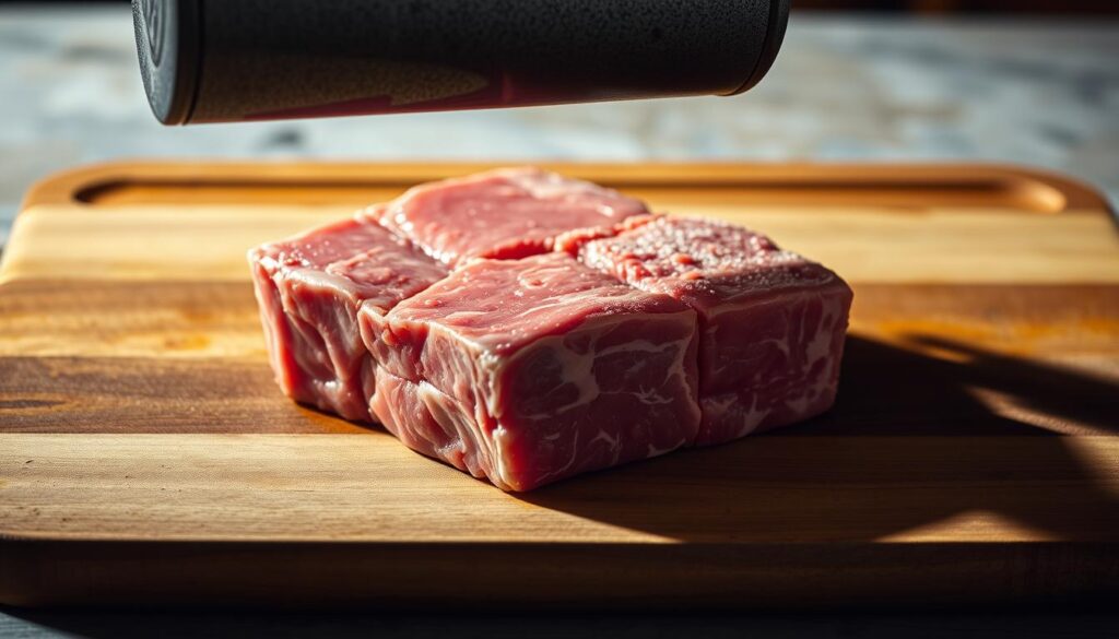 Cube steak on a wooden cutting board, with a heavy metal meat mallet poised above it. The steak is glistening, as if freshly rinsed. The mallet casts a strong shadow, suggesting dramatic directional lighting from the side. The background is softly blurred, hinting at a rustic kitchen setting. The composition is balanced, with the steak centered and the mallet leading the eye to it. An air of focused preparation and care pervades the scene, capturing the essence of properly tenderizing meat for a delicious chicken fried steak.
