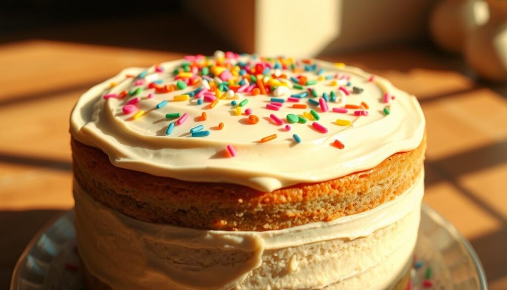 Detailed close-up of a delicious homemade birthday cake, freshly baked and frosted. The cake is centered in the frame, with a soft, creamy white frosting covering the top and sides. Vibrant rainbow sprinkles are generously scattered across the top, adding a festive touch. Warm, natural lighting illuminates the scene, casting gentle shadows that highlight the cake's texture and dimensions. The background is slightly blurred, keeping the focus on the tempting birthday cake. The composition and lighting evoke a cozy, inviting atmosphere, perfect for an article on how to make the perfect birthday cake at home.