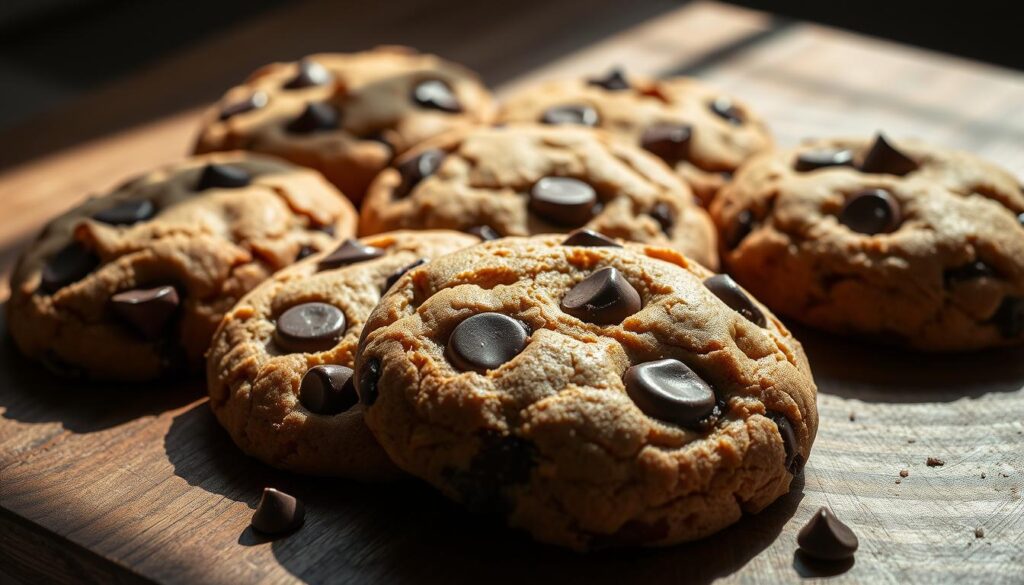 Freshly baked double chocolate chip cookies, their warm, crumbly exterior revealing molten pockets of rich, dark chocolate. Artfully arranged on a rustic wooden surface, the cookies cast soft shadows under dramatic side lighting, creating depth and dimension. Hints of cinnamon and vanilla waft through the air, complementing the decadent aroma of the chocolate. The scene is both inviting and indulgent, capturing the essence of the essential ingredients required to craft the perfect double chocolate chip cookie.