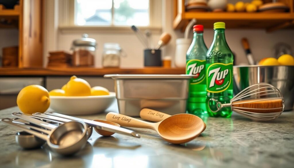 A beautifully arranged countertop featuring essential baking tools for making an easy 7 Up pound cake. In the foreground, a set of measuring cups and spoons glimmer with reflections, next to a smooth wooden spoon and a metal mixing bowl with a glossy finish. The middle ground showcases a ceramic loaf pan and a bottle of 7 Up, accented by fresh lemons and a whisk. In the background, a cozy kitchen atmosphere is created with warm, soft lighting filtering through a window, highlighting a rustic wooden shelf stacked with baking ingredients. The scene exudes a sense of warmth and homeliness, inviting the viewer to imagine the comforting process of baking. The angle captures the details from a slightly overhead perspective, perfect for a cooking tutorial. A beautifully arranged countertop featuring essential baking tools for making an easy 7 Up pound cake. In the foreground, a set of measuring cups and spoons glimmer with reflections, next to a smooth wooden spoon and a metal mixing bowl with a glossy finish. The middle ground showcases a ceramic loaf pan and a bottle of 7 Up, accented by fresh lemons and a whisk. In the background, a cozy kitchen atmosphere is created with warm, soft lighting filtering through a window, highlighting a rustic wooden shelf stacked with baking ingredients. The scene exudes a sense of warmth and homeliness, inviting the viewer to imagine the comforting process of baking. The angle captures the details from a slightly overhead perspective, perfect for a cooking tutorial.