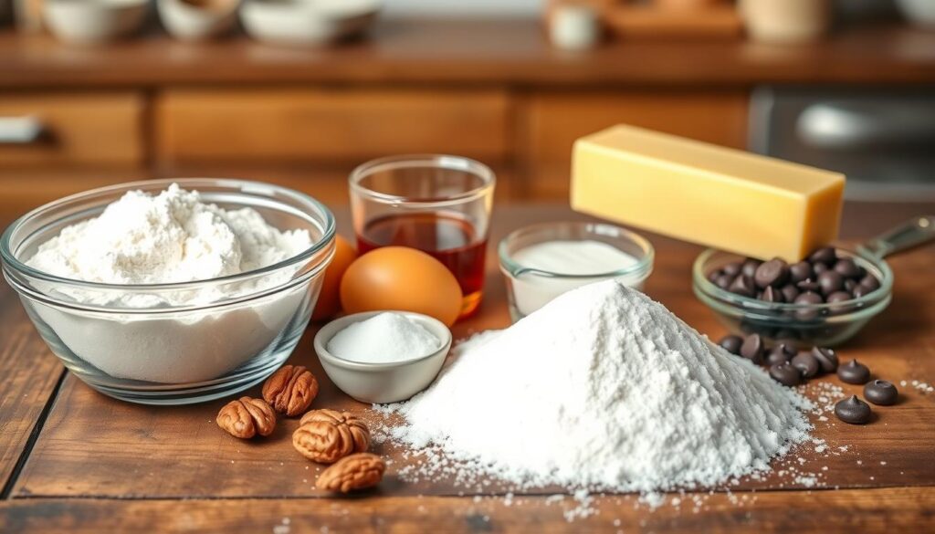 A beautifully arranged flat lay of essential butter cookie ingredients on a rustic wooden table. In the foreground, display a bowl of all-purpose flour, a stick of golden butter, and a mound of sugar, artfully sprinkled. In the middle, a couple of fresh eggs lie beside a measuring cup filled with creamy vanilla extract and a pinch of salt in a small dish. Add a few whole nuts and chocolate chips for texture. The background is softly blurred, featuring a faint hint of a warm, inviting kitchen setting, with soft, natural light illuminating the ingredients. Capture the inviting atmosphere of home baking, emphasizing a cozy, cheerful mood that invites the viewer to create their own cookie masterpiece. A beautifully arranged flat lay of essential butter cookie ingredients on a rustic wooden table. In the foreground, display a bowl of all-purpose flour, a stick of golden butter, and a mound of sugar, artfully sprinkled. In the middle, a couple of fresh eggs lie beside a measuring cup filled with creamy vanilla extract and a pinch of salt in a small dish. Add a few whole nuts and chocolate chips for texture. The background is softly blurred, featuring a faint hint of a warm, inviting kitchen setting, with soft, natural light illuminating the ingredients. Capture the inviting atmosphere of home baking, emphasizing a cozy, cheerful mood that invites the viewer to create their own cookie masterpiece.