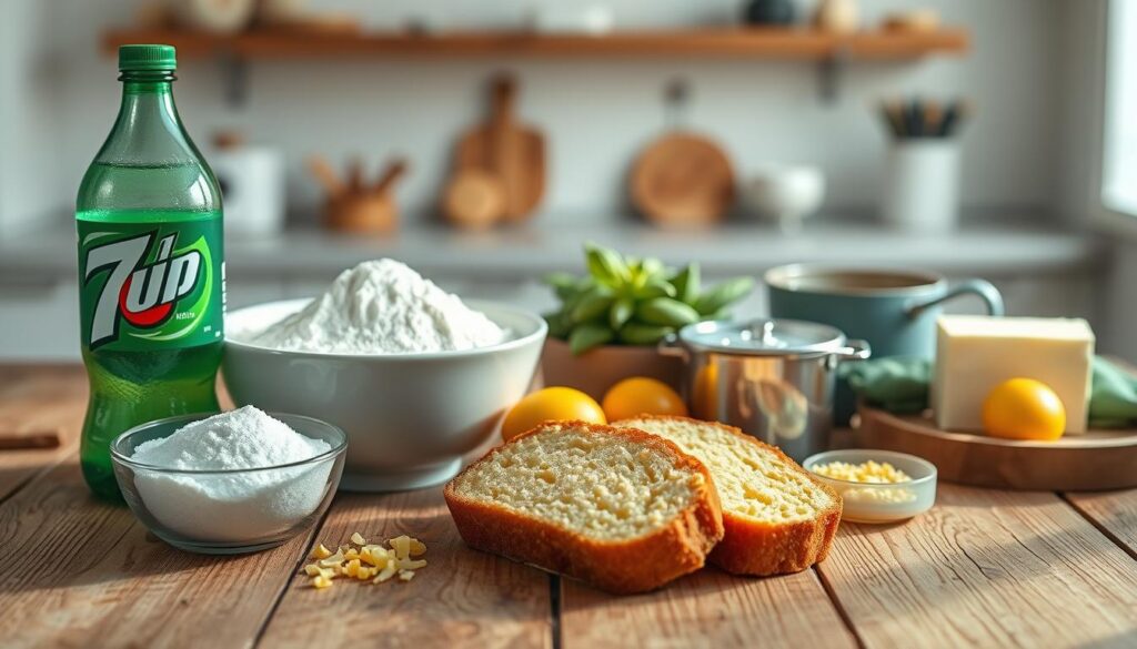 A beautifully arranged flat lay of ingredients for a 7 Up pound cake, prominently featuring a bottle of 7 Up, a bowl of flour, granulated sugar, unsalted butter, fresh eggs, and a measuring cup of lemon zest. Each ingredient is placed on a rustic wooden table with a light, airy kitchen background. Natural daylight floods the scene, casting soft shadows and creating a warm atmosphere. The focus is sharp, with a slight bokeh effect in the background to emphasize the ingredients. Add a few slices of the finished pound cake artfully displayed to hint at the delicious end result, enhancing the inviting, homely feel of the composition. A beautifully arranged flat lay of ingredients for a 7 Up pound cake, prominently featuring a bottle of 7 Up, a bowl of flour, granulated sugar, unsalted butter, fresh eggs, and a measuring cup of lemon zest. Each ingredient is placed on a rustic wooden table with a light, airy kitchen background. Natural daylight floods the scene, casting soft shadows and creating a warm atmosphere. The focus is sharp, with a slight bokeh effect in the background to emphasize the ingredients. Add a few slices of the finished pound cake artfully displayed to hint at the delicious end result, enhancing the inviting, homely feel of the composition.
