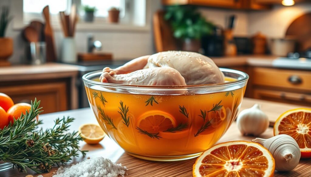 A beautifully arranged kitchen counter featuring a clear glass bowl filled with a rich, golden turkey brine infused with aromatic herbs and spices like rosemary, thyme, and garlic. In the foreground, there are fresh ingredients such as coarse sea salt, brown sugar, and sliced citrus fruits, adding vibrant colors. In the middle background, a raw turkey sits in a stylish roasting pan, partially submerged in the brine, with glistening droplets reflecting warm kitchen lighting. The setting is cozy and inviting, with rustic wooden elements and soft, diffused light filtering in through a nearby window, creating a warm atmosphere perfect for holiday cooking. The angle should be slightly elevated, capturing both the ingredients and the turkey, emphasizing the deliciousness of the brining process. No text or watermark present. A beautifully arranged kitchen counter featuring a clear glass bowl filled with a rich, golden turkey brine infused with aromatic herbs and spices like rosemary, thyme, and garlic. In the foreground, there are fresh ingredients such as coarse sea salt, brown sugar, and sliced citrus fruits, adding vibrant colors. In the middle background, a raw turkey sits in a stylish roasting pan, partially submerged in the brine, with glistening droplets reflecting warm kitchen lighting. The setting is cozy and inviting, with rustic wooden elements and soft, diffused light filtering in through a nearby window, creating a warm atmosphere perfect for holiday cooking. The angle should be slightly elevated, capturing both the ingredients and the turkey, emphasizing the deliciousness of the brining process. No text or watermark present.