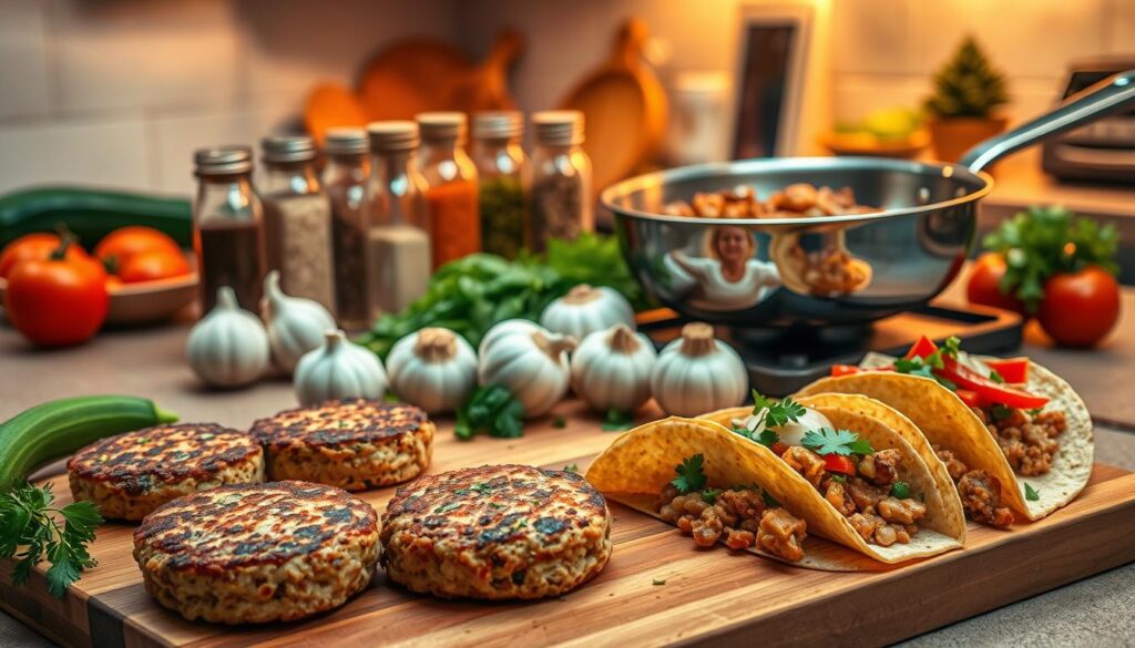 A beautifully arranged kitchen countertop featuring a variety of delicious ground chicken dishes. In the foreground, a wooden cutting board displays a colorful spread of seasoned ground chicken patties, a vibrant chicken stir-fry with bell peppers, and cilantro chicken tacos garnished with fresh herbs. In the middle ground, a stylish stainless-steel pan sizzling with sautéed ground chicken showcases aromatic garlic and onions, surrounded by an assortment of spices in decorative jars. The background features a cozy kitchen setting with soft, warm lighting illuminating the scene, creating an inviting atmosphere. A few fresh vegetables like zucchini, tomatoes, and herbs are artfully placed to enhance the composition. The image captures a sense of delicious inspiration, perfect for anyone looking to elevate their cooking skills. A beautifully arranged kitchen countertop featuring a variety of delicious ground chicken dishes. In the foreground, a wooden cutting board displays a colorful spread of seasoned ground chicken patties, a vibrant chicken stir-fry with bell peppers, and cilantro chicken tacos garnished with fresh herbs. In the middle ground, a stylish stainless-steel pan sizzling with sautéed ground chicken showcases aromatic garlic and onions, surrounded by an assortment of spices in decorative jars. The background features a cozy kitchen setting with soft, warm lighting illuminating the scene, creating an inviting atmosphere. A few fresh vegetables like zucchini, tomatoes, and herbs are artfully placed to enhance the composition. The image captures a sense of delicious inspiration, perfect for anyone looking to elevate their cooking skills.