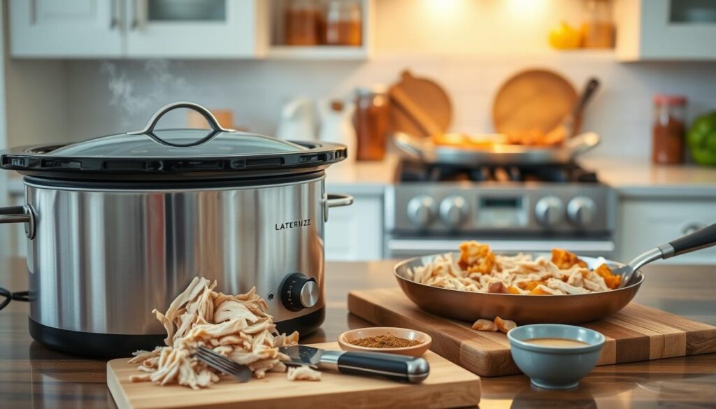 A beautifully arranged kitchen countertop showcasing various methods for cooking and shredding chicken. In the foreground, a stainless steel slow cooker with tender, shredded chicken inside, steam rising gently. Beside it, a cutting board with a fork and knife, ready for shredding, a small bowl of spices and herbs for seasoning. The middle ground features a skillet on a gas stove with golden-brown chicken sautéing, the aroma visibly wafting. At the background, bright kitchen cabinetry with jars of cooking essentials and colorful vegetables. Soft, warm lighting casts a cozy, inviting atmosphere. The image captures a sense of delicious anticipation, emphasizing the delectable possibilities in cooking shredded chicken. A beautifully arranged kitchen countertop showcasing various methods for cooking and shredding chicken. In the foreground, a stainless steel slow cooker with tender, shredded chicken inside, steam rising gently. Beside it, a cutting board with a fork and knife, ready for shredding, a small bowl of spices and herbs for seasoning. The middle ground features a skillet on a gas stove with golden-brown chicken sautéing, the aroma visibly wafting. At the background, bright kitchen cabinetry with jars of cooking essentials and colorful vegetables. Soft, warm lighting casts a cozy, inviting atmosphere. The image captures a sense of delicious anticipation, emphasizing the delectable possibilities in cooking shredded chicken.