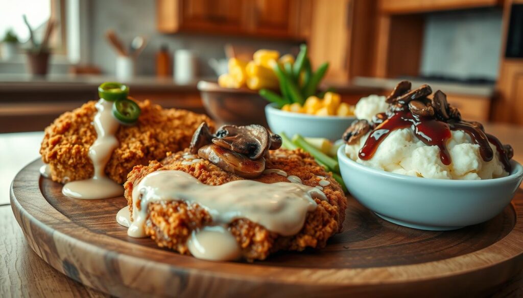 A beautifully arranged platter of chicken fried steak variations, showcasing three distinct styles: a classic golden-brown piece with creamy gravy drizzled on top, a spicy version featuring a crispy coating adorned with jalapeños, and a gourmet rendition topped with sautéed mushrooms and a rich red wine reduction. The foreground features a rustic wooden plate, enhancing the comforting feel, while the middle ground includes fresh side dishes such as buttery corn and mashed potatoes in elegant bowls. In the background, a softly lit kitchen with warm wooden cabinets creates an inviting atmosphere. The lighting is warm and natural, capturing the richness of the food, with a shallow depth of field to keep the focus on the delectable steaks. The overall mood is cozy and appetizing, perfect for a culinary exploration.