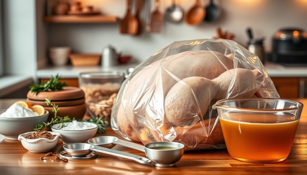 A beautifully arranged scene featuring key ingredients and tools for brining a turkey. In the foreground, a large, freshly brined turkey sits in a glass brining bag, glistening with spices and herbs visible through the transparent material. Surrounding it are bowls of salt, brown sugar, and fragrant herbs like rosemary and thyme, with a few slices of citrus fruit for color. In the middle, a wooden table showcases measuring spoons and a large mixing bowl filled with a rich golden brine. The background fades into a cozy kitchen setting with warm, inviting lighting, soft reflections on the polished surface, and hints of kitchen utensils hanging. The overall mood is warm and inviting, emphasizing the transformative power of brining for succulent turkey. A beautifully arranged scene featuring key ingredients and tools for brining a turkey. In the foreground, a large, freshly brined turkey sits in a glass brining bag, glistening with spices and herbs visible through the transparent material. Surrounding it are bowls of salt, brown sugar, and fragrant herbs like rosemary and thyme, with a few slices of citrus fruit for color. In the middle, a wooden table showcases measuring spoons and a large mixing bowl filled with a rich golden brine. The background fades into a cozy kitchen setting with warm, inviting lighting, soft reflections on the polished surface, and hints of kitchen utensils hanging. The overall mood is warm and inviting, emphasizing the transformative power of brining for succulent turkey.