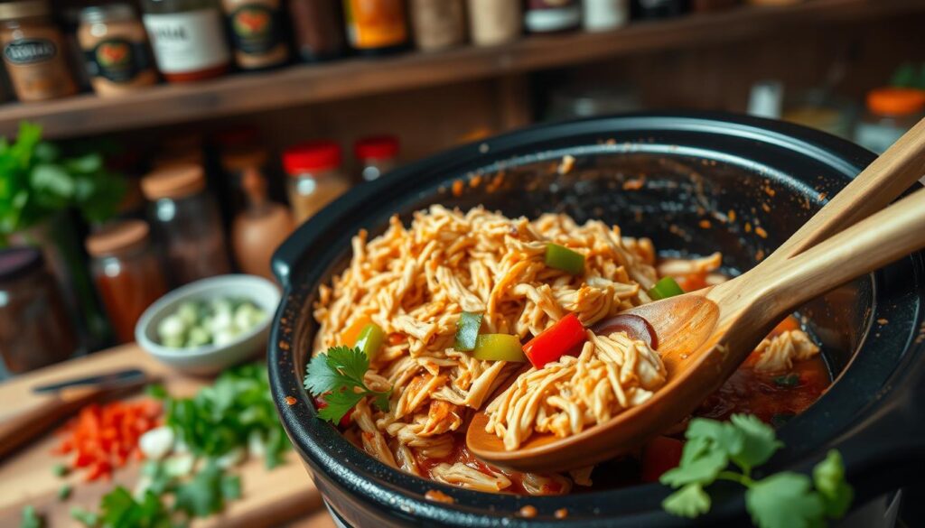 A beautifully arranged slow cooker filled with tender, shredded chicken in a rich, savory sauce, accented with slices of bell peppers and diced onions. In the foreground, a wooden spoon rests on the edge of the pot, inviting viewers to dive into the delicious meal. Surrounding the slow cooker are ingredients like spices, fresh herbs like cilantro, and a cutting board with freshly chopped vegetables. The warm, ambient kitchen lighting creates a cozy atmosphere, highlighting the dish's mouthwatering appeal. In the background, rustic kitchen shelves display jars of spices and condiments, enhancing the homely feel. The angle is slightly elevated, capturing the depth of the ingredients and the inviting texture of the shredded chicken, evoking a sense of comfort and culinary delight. A beautifully arranged slow cooker filled with tender, shredded chicken in a rich, savory sauce, accented with slices of bell peppers and diced onions. In the foreground, a wooden spoon rests on the edge of the pot, inviting viewers to dive into the delicious meal. Surrounding the slow cooker are ingredients like spices, fresh herbs like cilantro, and a cutting board with freshly chopped vegetables. The warm, ambient kitchen lighting creates a cozy atmosphere, highlighting the dish's mouthwatering appeal. In the background, rustic kitchen shelves display jars of spices and condiments, enhancing the homely feel. The angle is slightly elevated, capturing the depth of the ingredients and the inviting texture of the shredded chicken, evoking a sense of comfort and culinary delight.