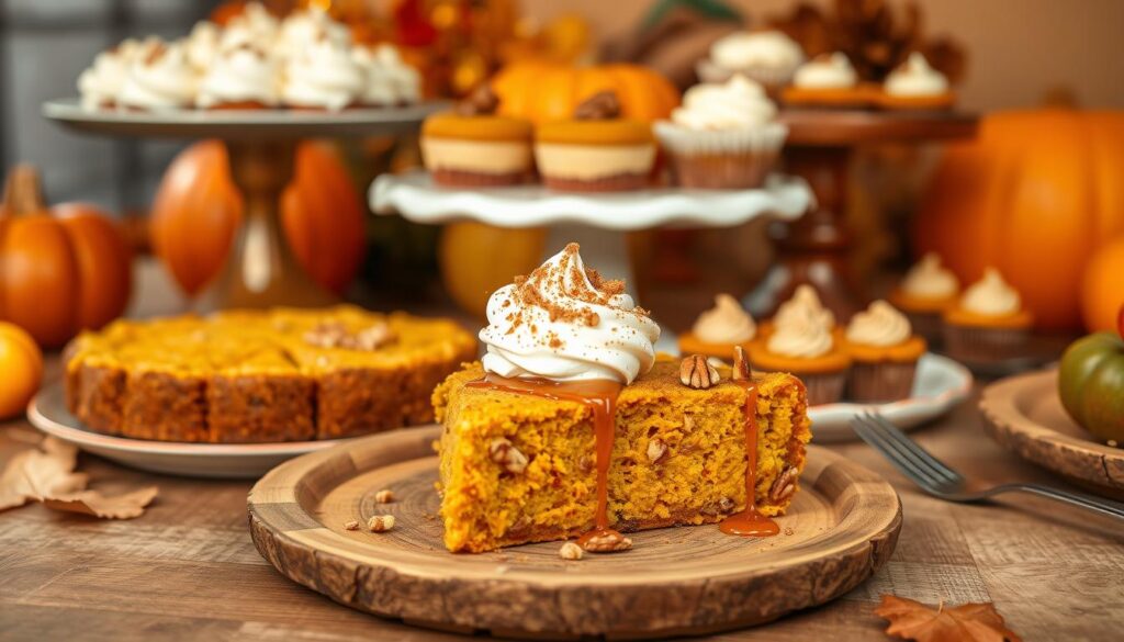 A beautifully arranged table featuring an array of pumpkin dessert variations, centered around a freshly baked pumpkin dump cake topped with whipped cream and cinnamon. In the foreground, place a slice of the dump cake on a rustic wooden plate, garnished with a sprinkle of nuts and a drizzle of caramel sauce. In the middle, display additional dessert options like pumpkin pie, mini pumpkin cheesecakes, and pumpkin spice cupcakes, elegantly arranged on decorative cake stands. The background should have warm, soft lighting that enhances the autumnal colors of oranges, browns, and deep yellows, evoking a cozy fall atmosphere. Use a shallow depth of field to create a soft blur in the background, focusing on the delicious desserts in the foreground.