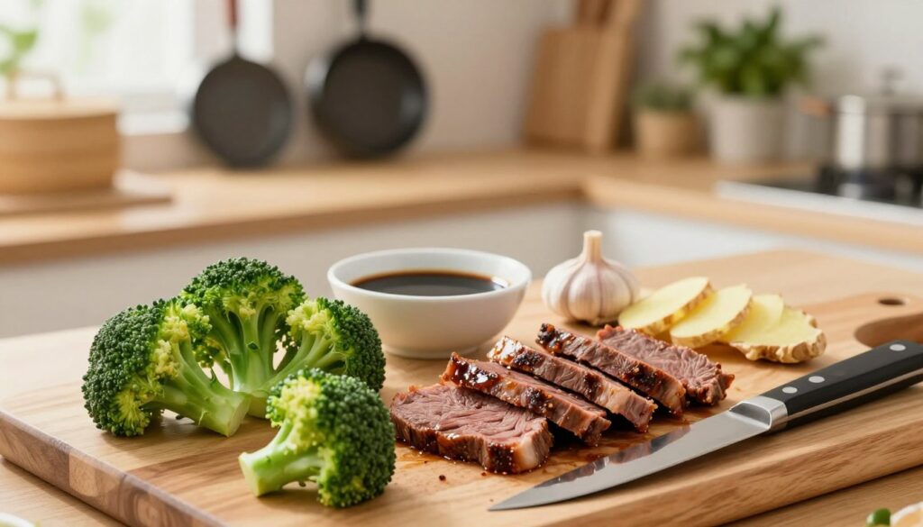 A beautifully arranged tabletop showcasing fresh ingredients for a beef and broccoli recipe. In the foreground, vibrant green broccoli florets and thinly sliced, marinated beef are artistically placed on a wooden cutting board. A chef's knife glints in the warm, natural lighting. In the middle, a small bowl holds soy sauce, while garlic and ginger slices are neatly arranged nearby. The background features a soft-focus kitchen setting, with pots and pans hanging on a rack and herbs in pots. The image conveys a cozy, inviting atmosphere with bright, cheerful lighting, creating a sense of anticipation for delicious home-cooked meals. The scene captures the essence of ingredient preparation in a homely kitchen.